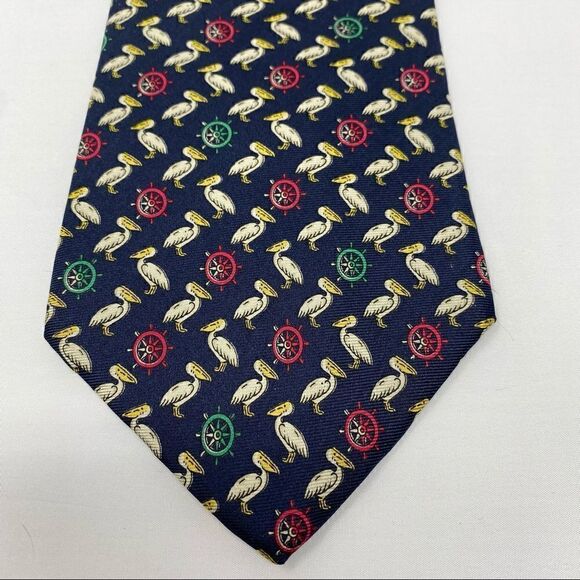 Vintage Geoffrey Beene Nautical Silk Tie Pelicans + Boats Wheels - Picture 1 of 3